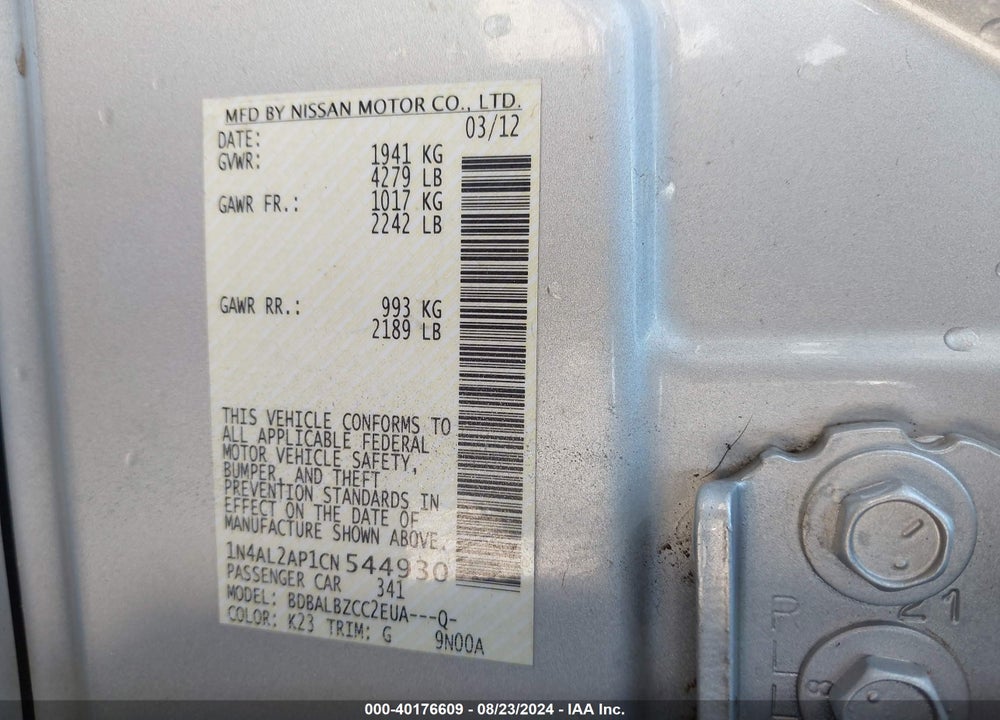 2012 NISSAN ALTIMA 2.5 S VIN: 1N4AL2AP1CN544930