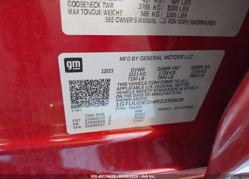 2024 GMC SIERRA 1500 4WD SHORT BOX SLT VIN: 1GTUUDED4RZ230920