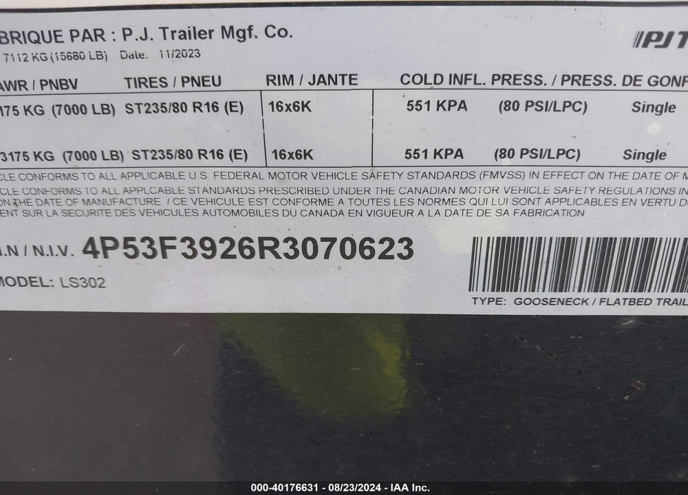 2024 PJ TRAILERS --- VIN: 4P53F3926R3070623
