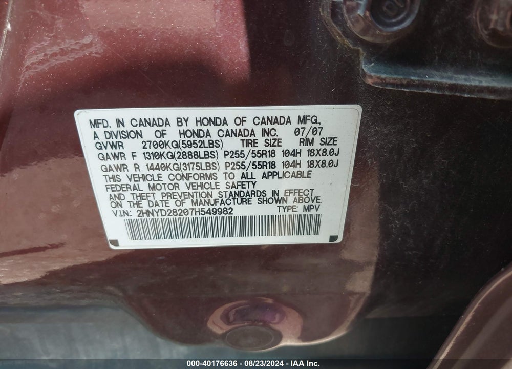 2007 ACURA MDX VIN: 2HNYD28207H549982