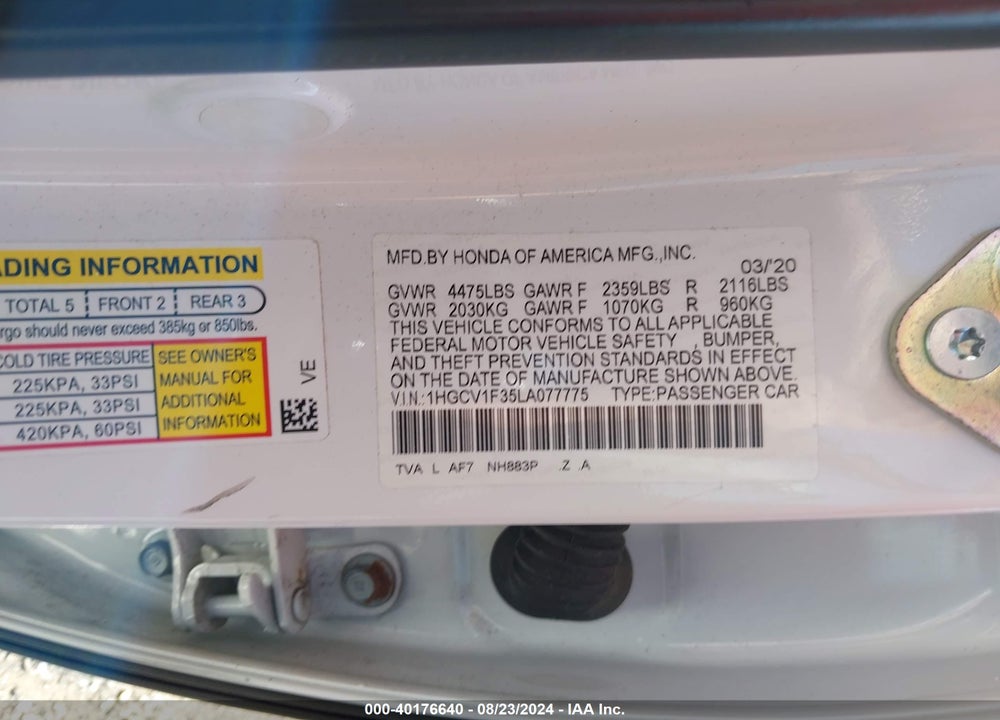 2020 HONDA ACCORD SPORT VIN: 1HGCV1F35LA077775