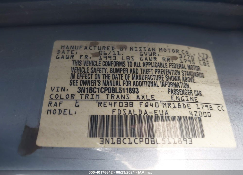 2011 NISSAN VERSA 1.8S VIN: 3N1BC1CP0BL511893
