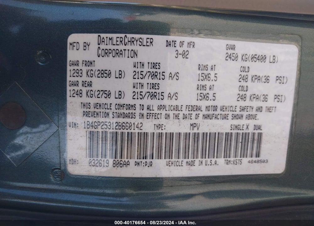 2002 DODGE CARAVAN SE VIN: 1B4GP25312B660142