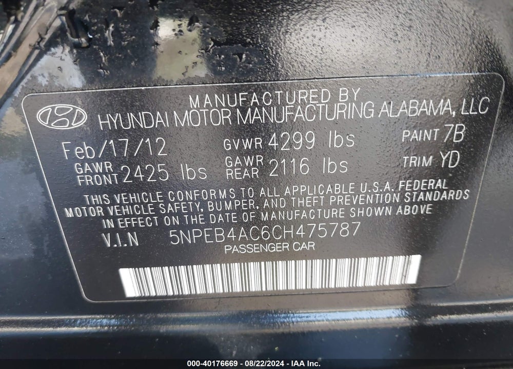 2012 HYUNDAI SONATA GLS VIN: 5NPEB4AC6CH475787