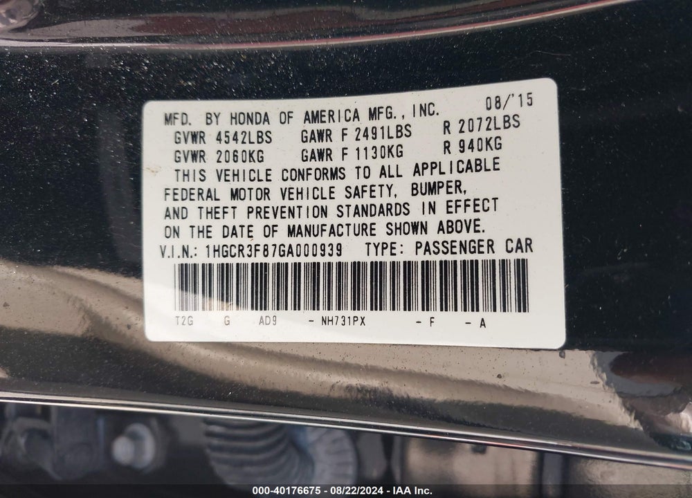 2016 HONDA ACCORD EX-L V-6 VIN: 1HGCR3F87GA000939