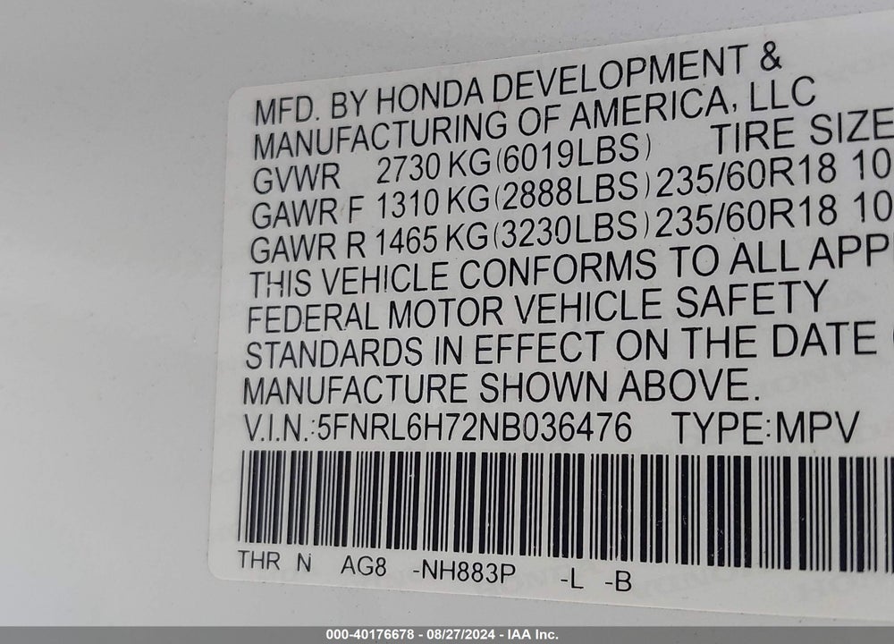 2022 HONDA ODYSSEY EX-L VIN: 5FNRL6H72NB036476