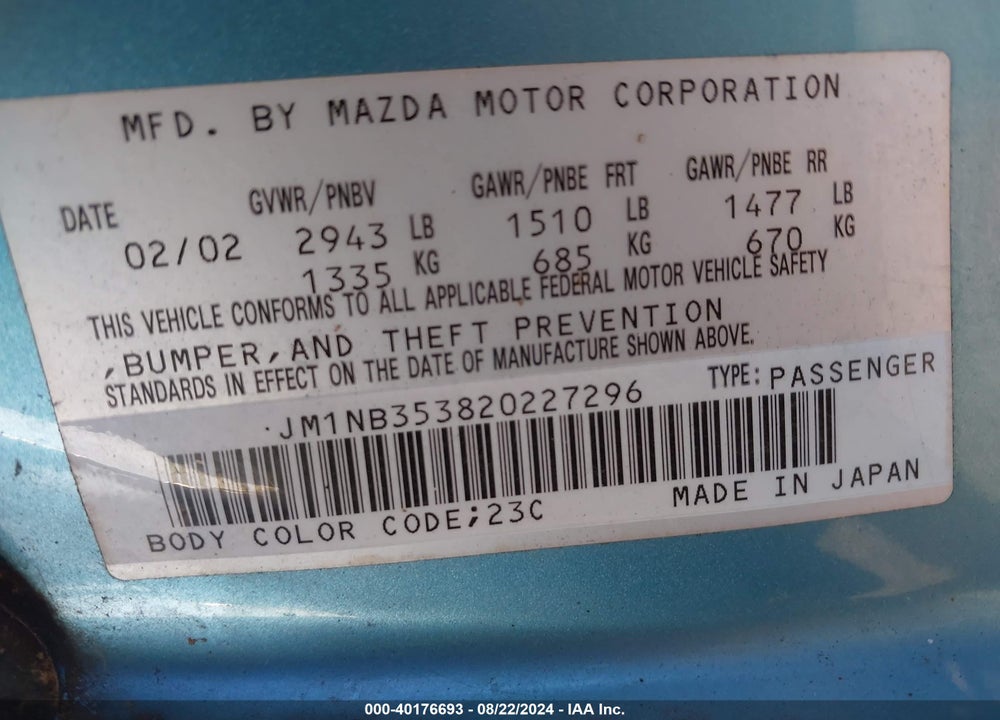 2002 MAZDA MX-5 MIATA CLOTH/LS/SE VIN: JM1NB353820227296