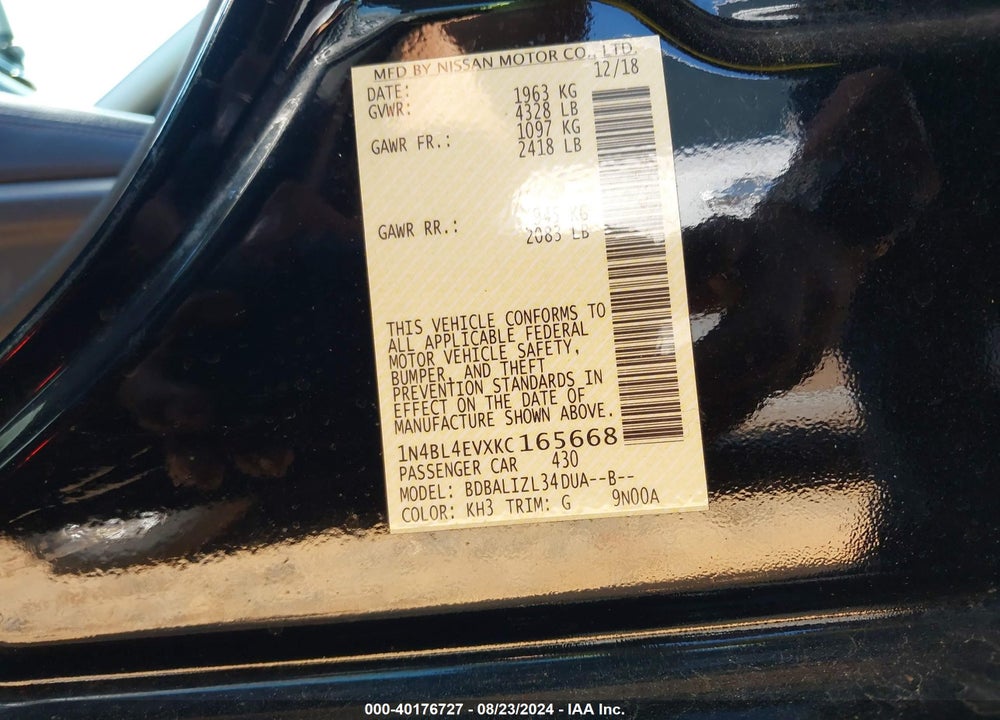 2019 NISSAN ALTIMA 2.5 SL VIN: 1N4BL4EVXKC165668