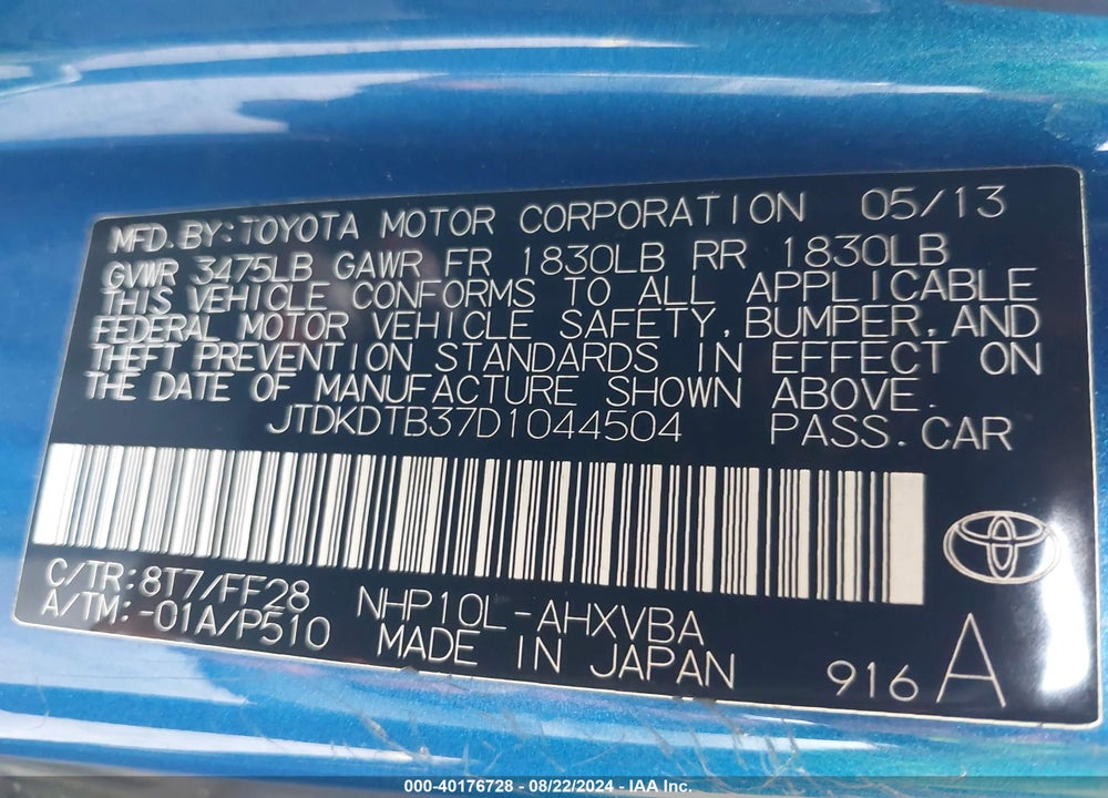2013 TOYOTA PRIUS C TWO VIN: JTDKDTB37D1044504