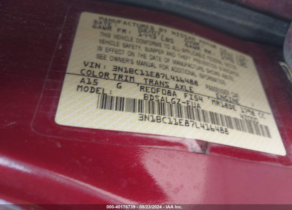 2007 NISSAN VERSA 1.8SL VIN: 3N1BC11E87L416488
