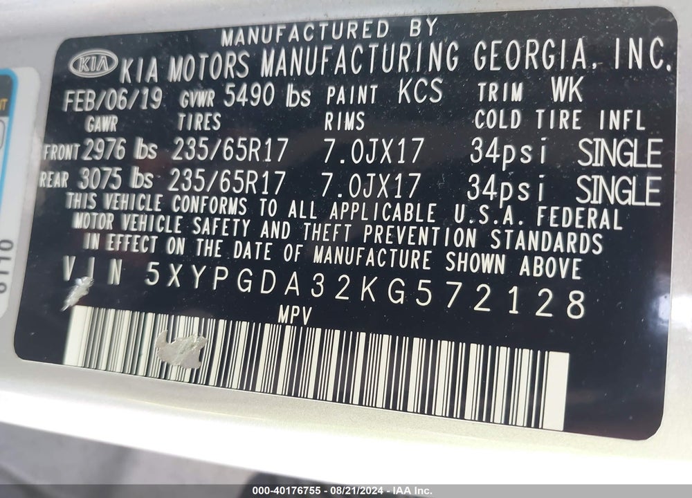 2019 KIA SORENTO 2.4L LX VIN: 5XYPGDA32KG572128