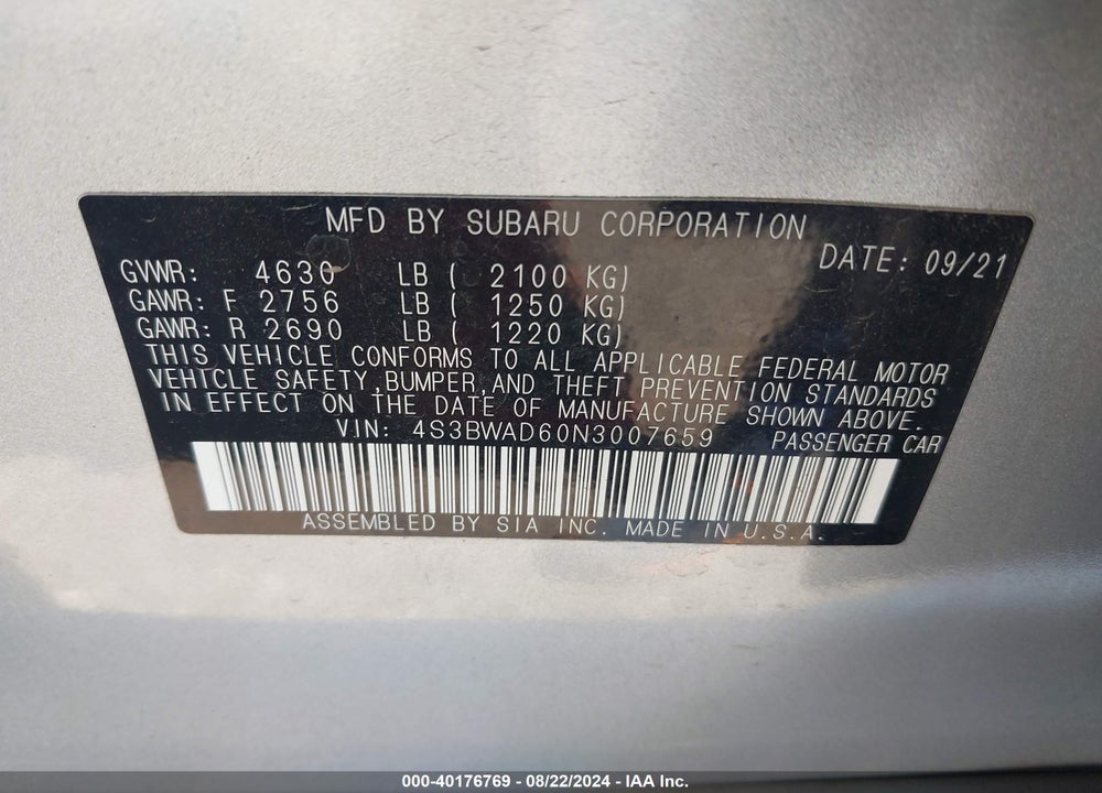 2022 SUBARU LEGACY PREMIUM VIN: 4S3BWAD60N3007659