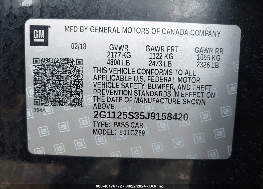 2018 CHEVROLET IMPALA 2LZ VIN: 2G1125S35J9158420