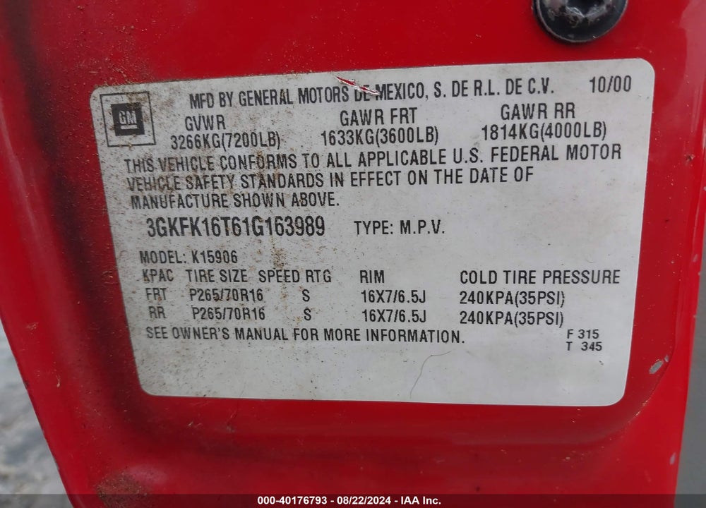 2001 GMC YUKON XL 1500 SLT VIN: 3GKFK16T61G163989