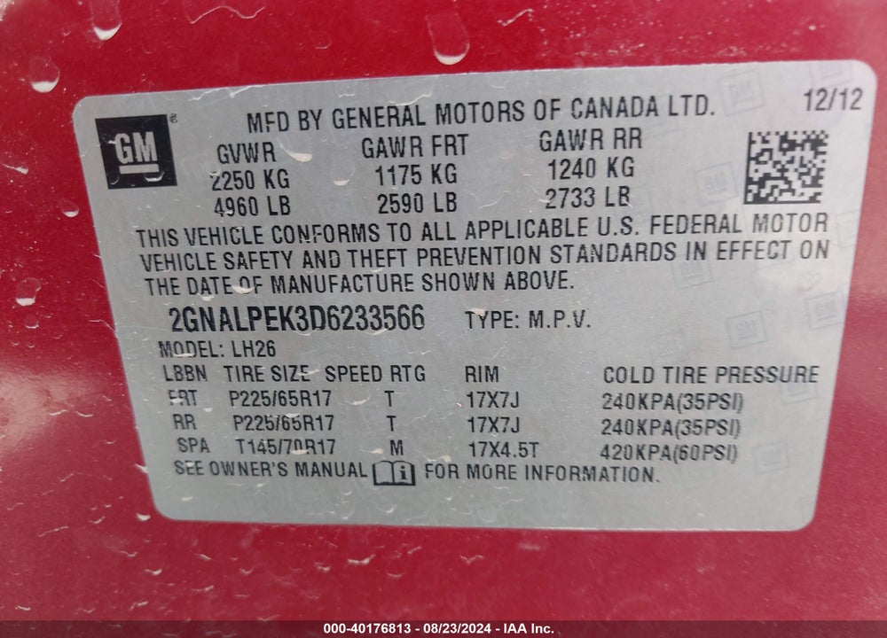 2013 CHEVROLET EQUINOX 2LT VIN: 2GNALPEK3D6233566