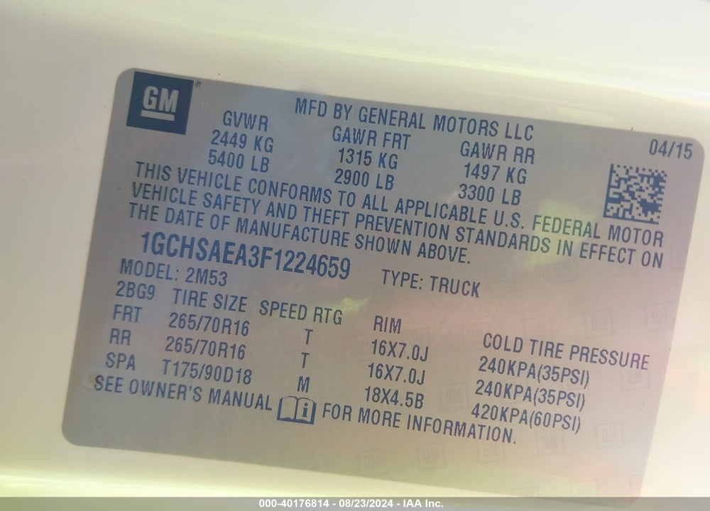 2015 CHEVROLET COLORADO WT VIN: 1GCHSAEA3F1224659