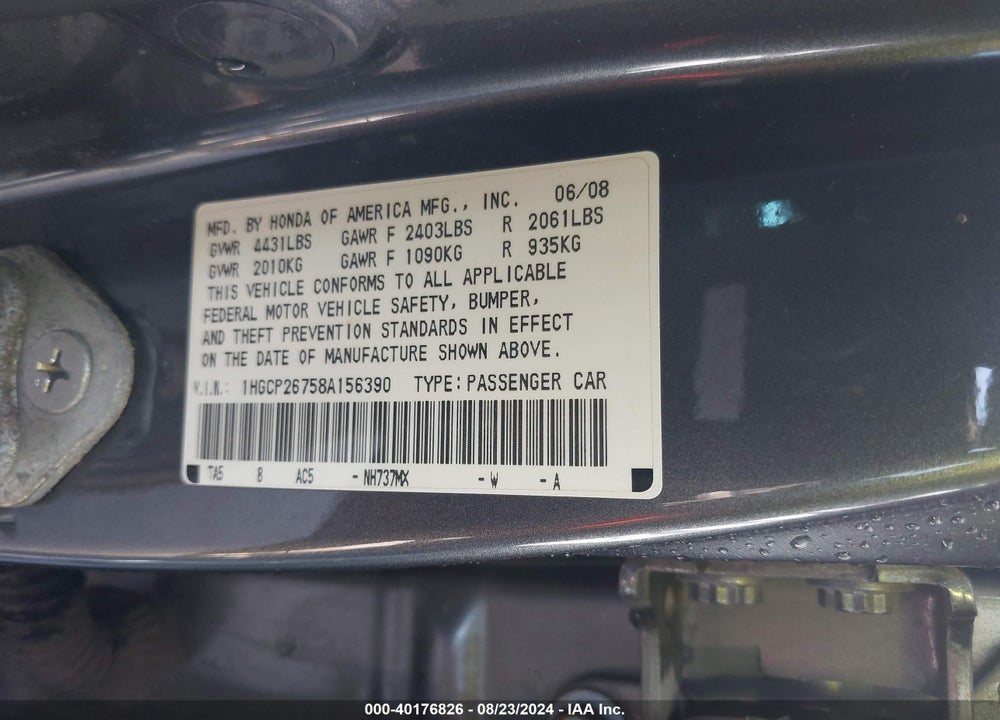 2008 HONDA ACCORD 2.4 EX VIN: 1HGCP26758A156390