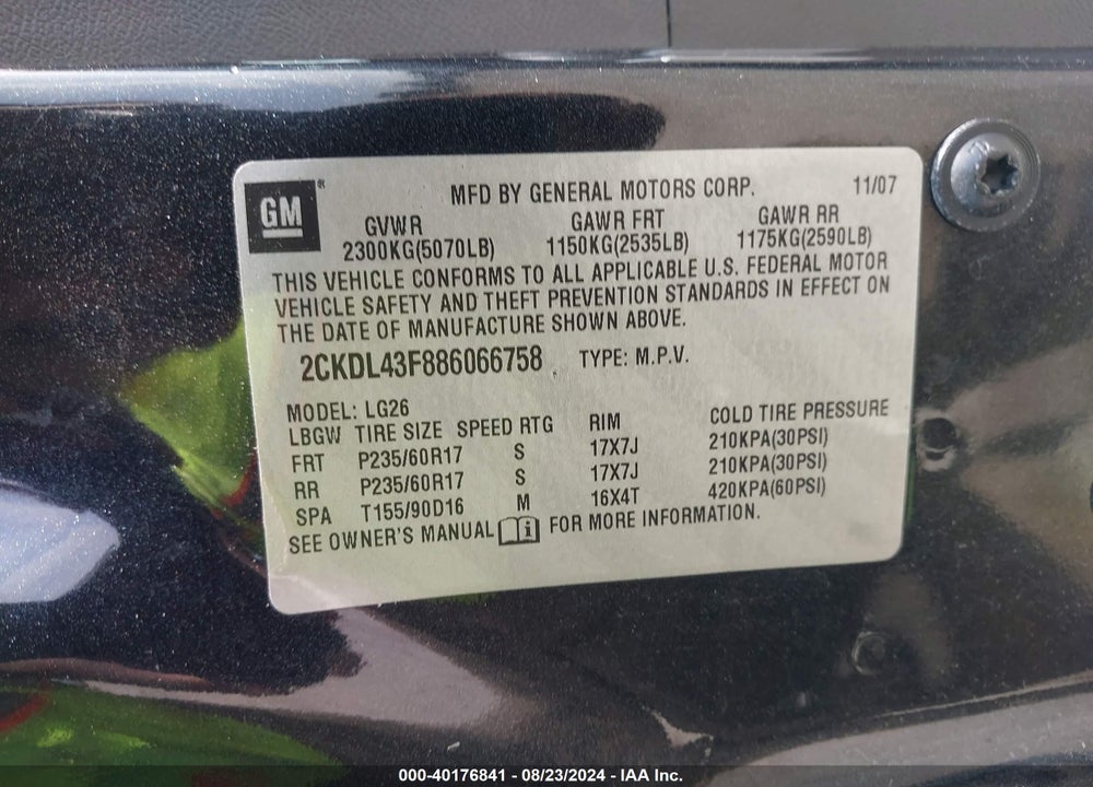 2008 PONTIAC TORRENT VIN: 2CKDL43F886066758
