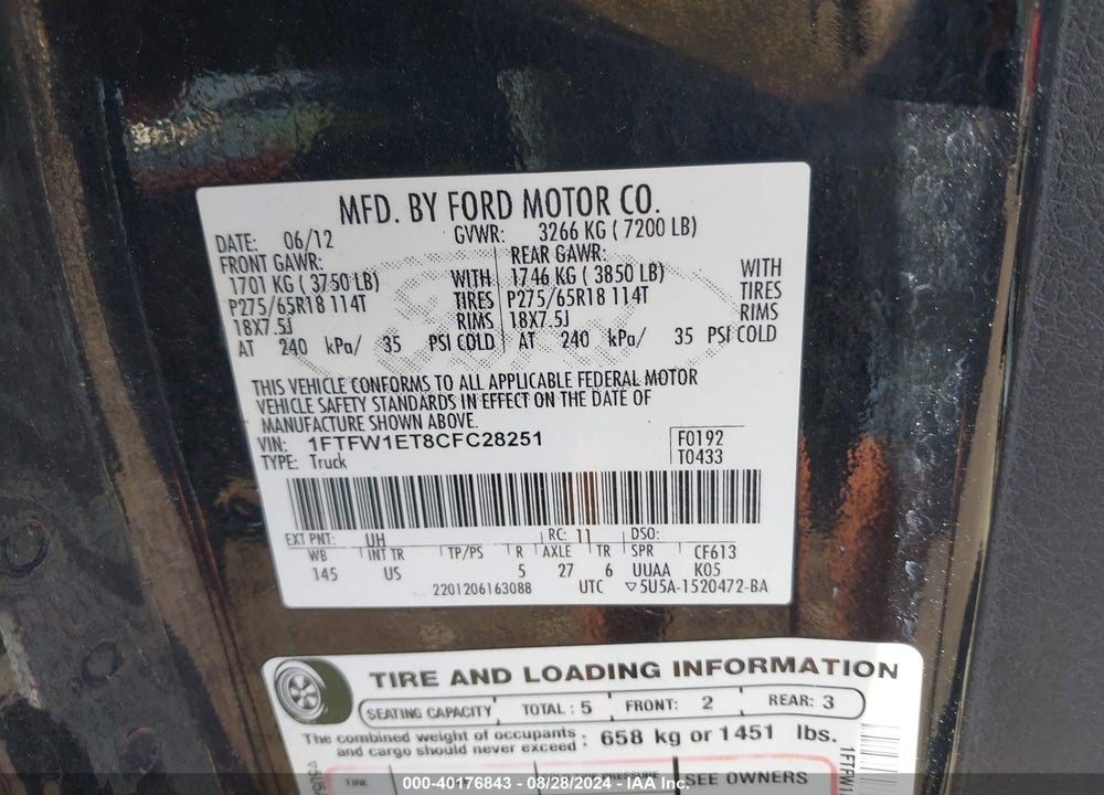2012 FORD F-150 XLT VIN: 1FTFW1ET8CFC28251