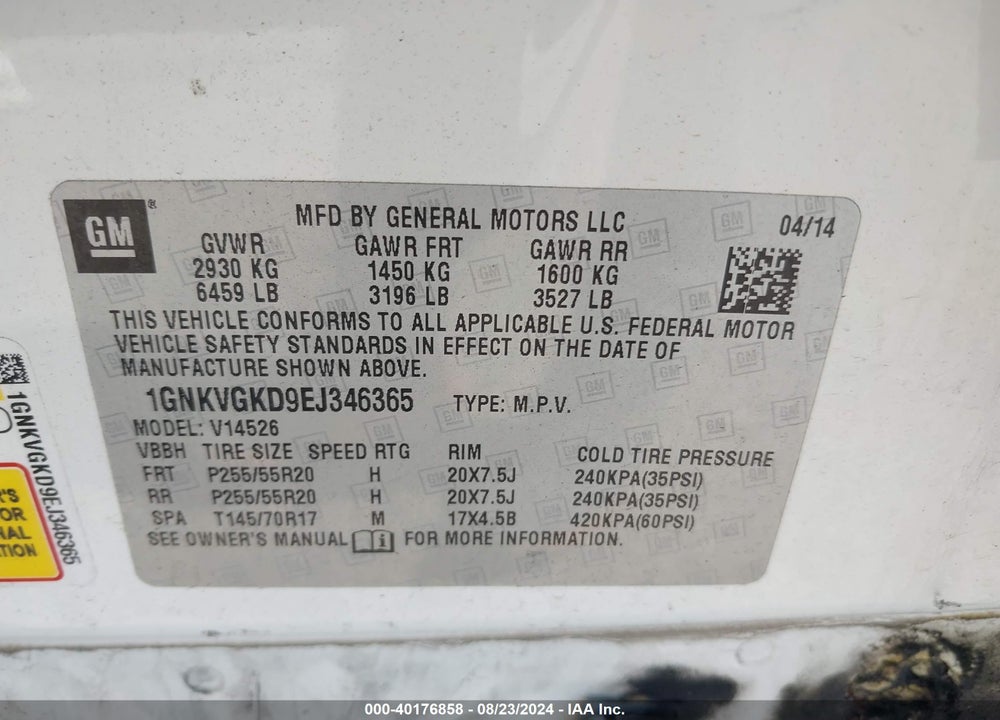2014 CHEVROLET TRAVERSE 1LT VIN: 1GNKVGKD9EJ346365