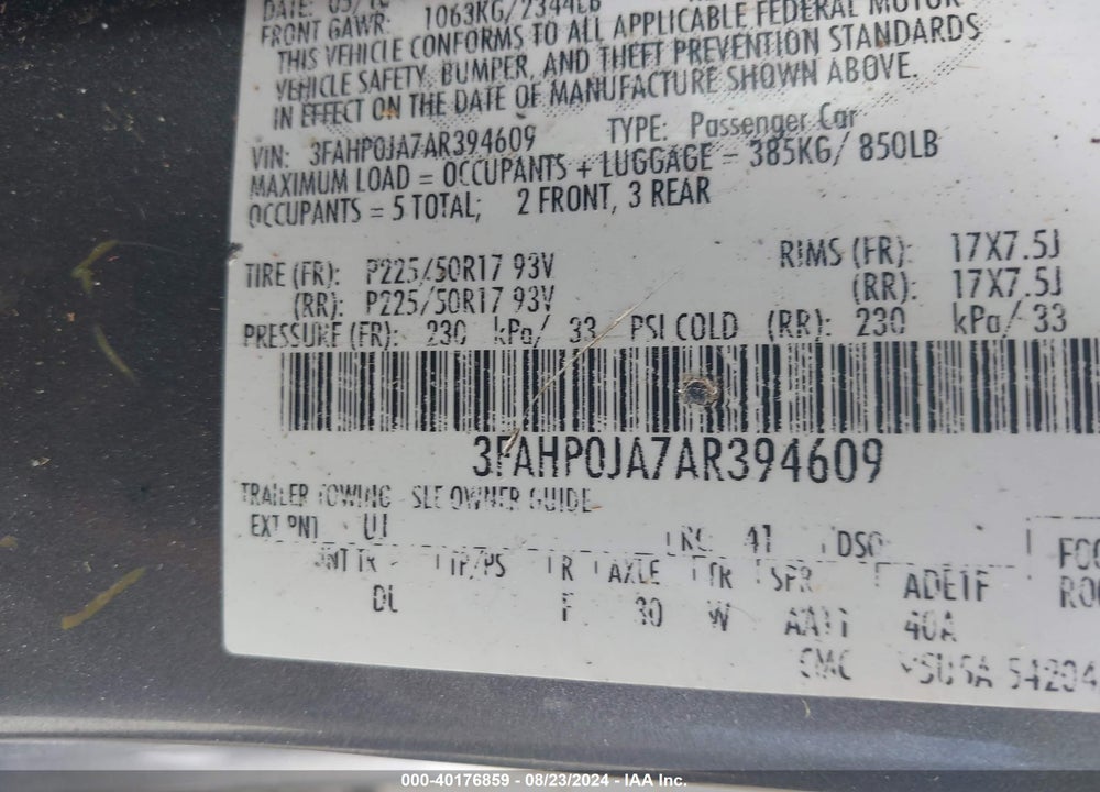 2010 FORD FUSION SEL VIN: 3FAHP0JA7AR394609