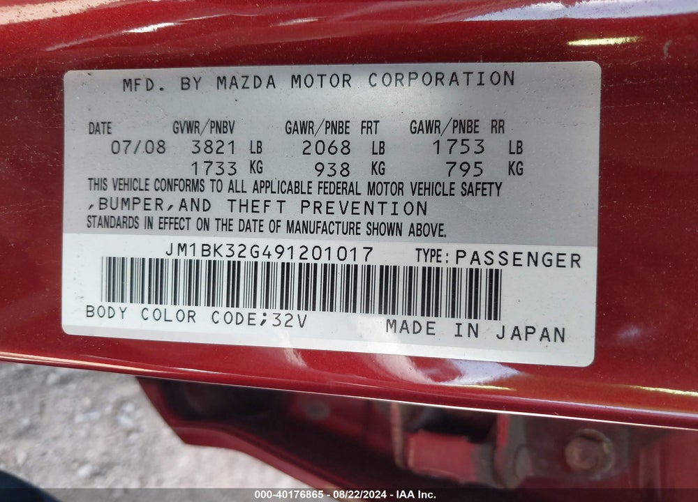 2009 MAZDA 3 I VIN: JM1BK32G491201017