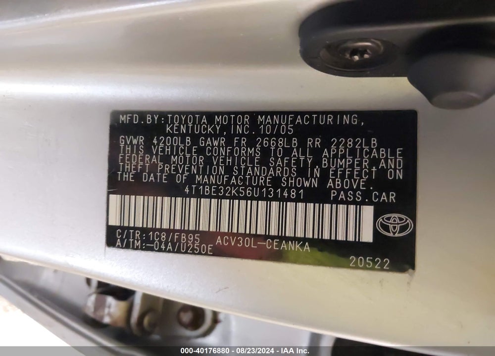 2006 TOYOTA CAMRY LE VIN: 4T1BE32K56U131481
