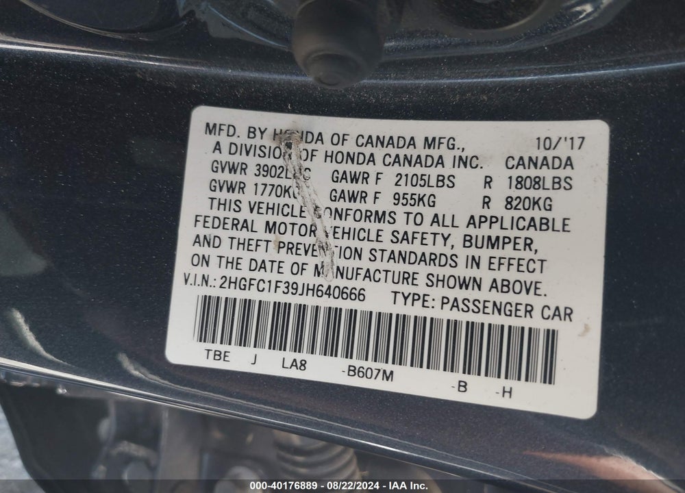 2018 HONDA CIVIC EX-T VIN: 2HGFC1F39JH640666