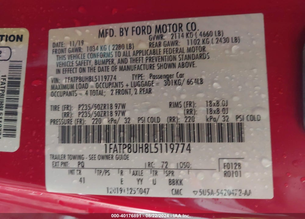 2020 FORD MUSTANG ECOBOOST PREMIUM VIN: 1FATP8UH8L5119774