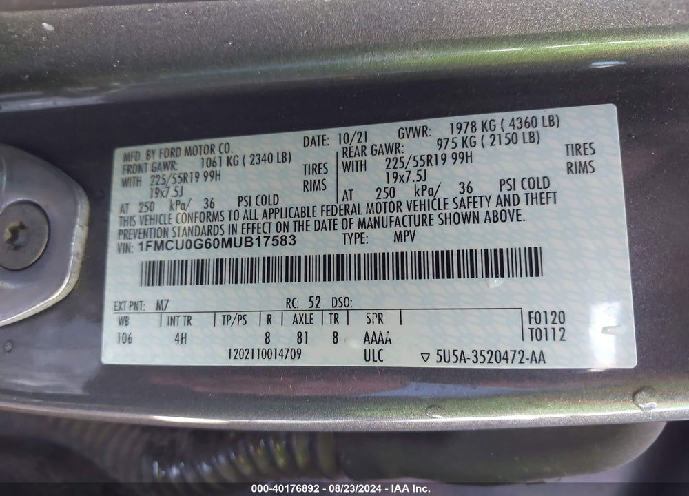 2021 FORD ESCAPE SE VIN: 1FMCU0G60MUB17583