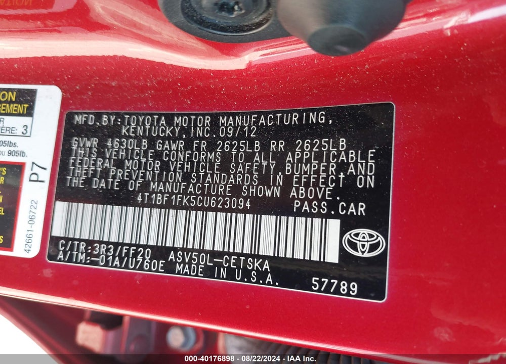2012 TOYOTA CAMRY SE VIN: 4T1BF1FK5CU623094