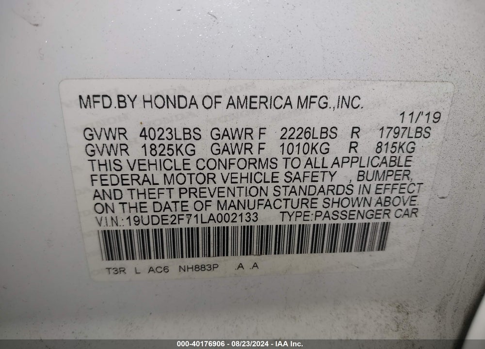 2020 ACURA ILX PREMIUM PACKAGE/TECHNOLOGY PACKAGE VIN: 19UDE2F71LA002133