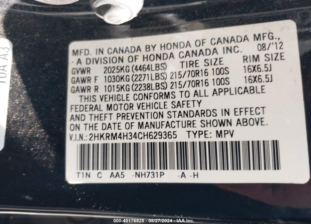 2012 HONDA CR-V LX VIN: 2HKRM4H34CH629365