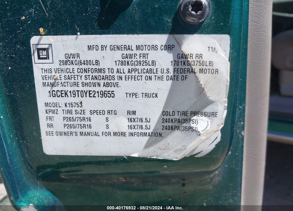 2000 CHEVROLET SILVERADO 1500 LS VIN: 1GCEK19T0YE219655
