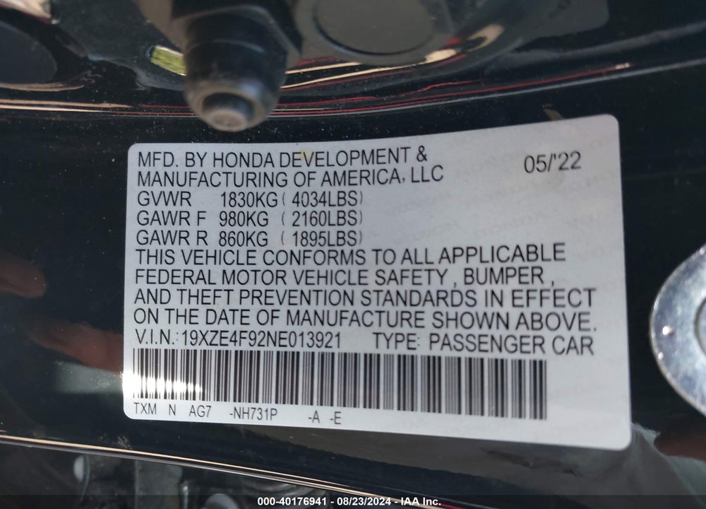 2022 HONDA INSIGHT TOURING VIN: 19XZE4F92NE013921