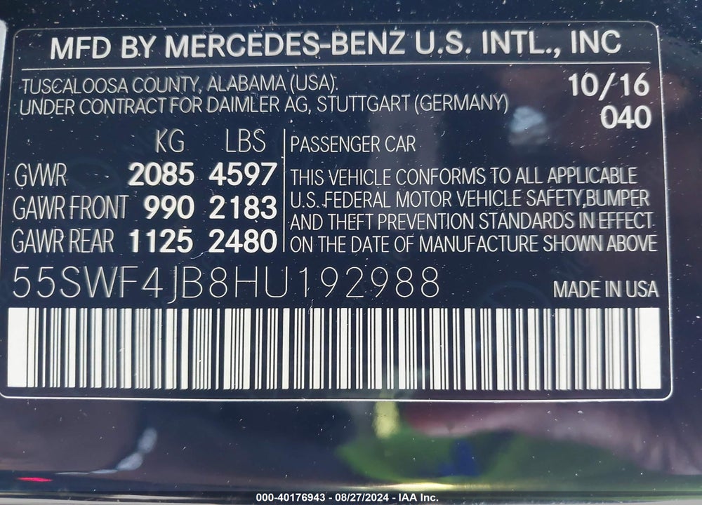 2017 MERCEDES-BENZ C 300 LUXURY/SPORT VIN: 55SWF4JB8HU192988