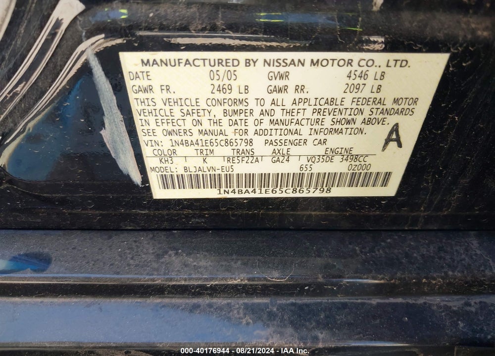 2005 NISSAN MAXIMA 3.5 SL VIN: 1N4BA41E65C865798