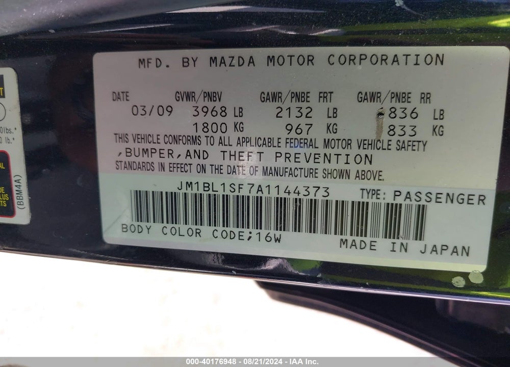 2010 MAZDA 3 I TOURING VIN: JM1BL1SF7A1144373