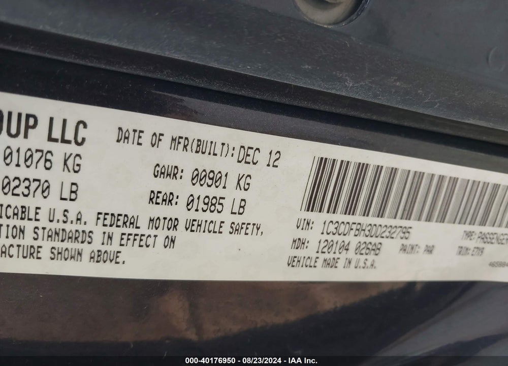 2013 DODGE DART SXT VIN: 1C3CDFBH3DD232795