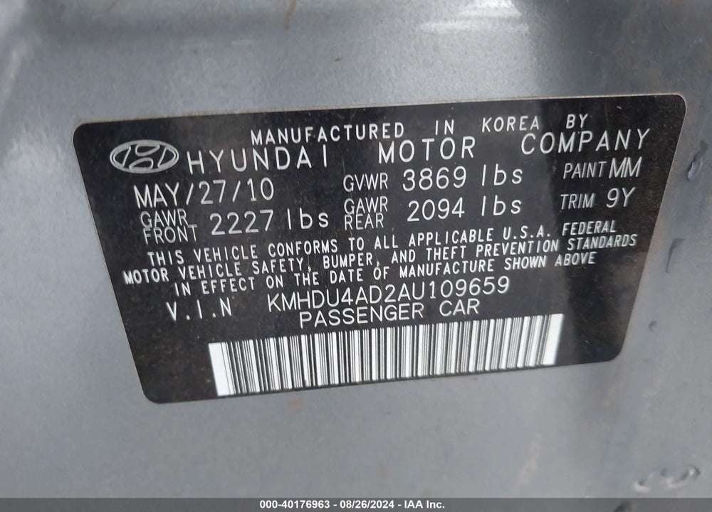 2010 HYUNDAI ELANTRA GLS VIN: KMHDU4AD2AU109659