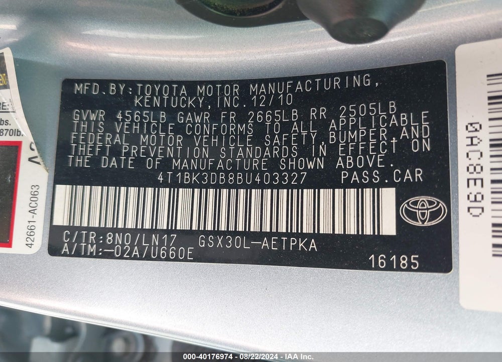 2011 TOYOTA AVALON LIMITED VIN: 4T1BK3DB8BU403327
