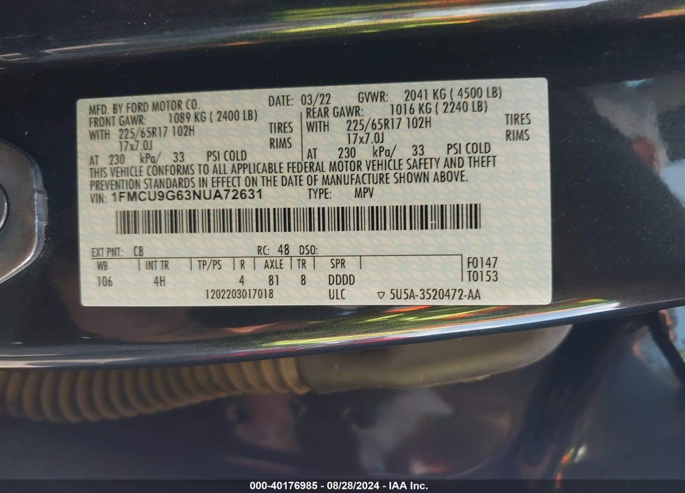 2022 FORD ESCAPE SE VIN: 1FMCU9G63NUA72631