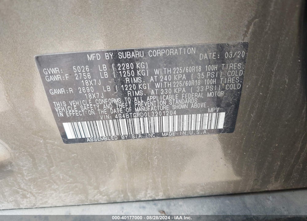 2020 SUBARU OUTBACK TOURING XT VIN: 4S4BTGPD0L3201204