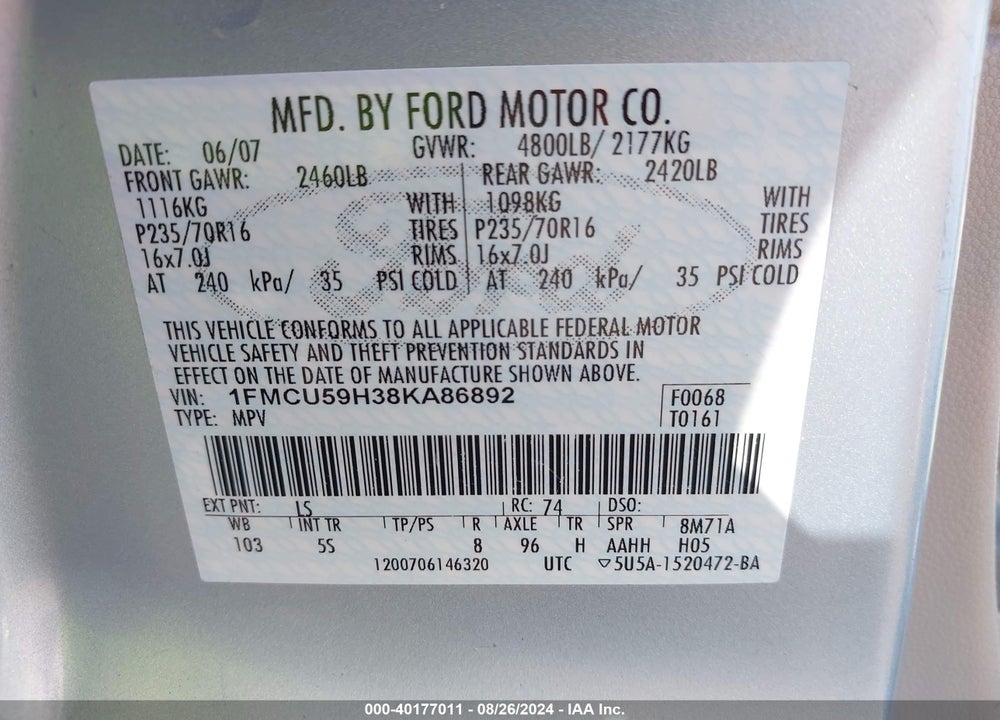 2008 FORD ESCAPE HYBRID VIN: 1FMCU59H38KA86892