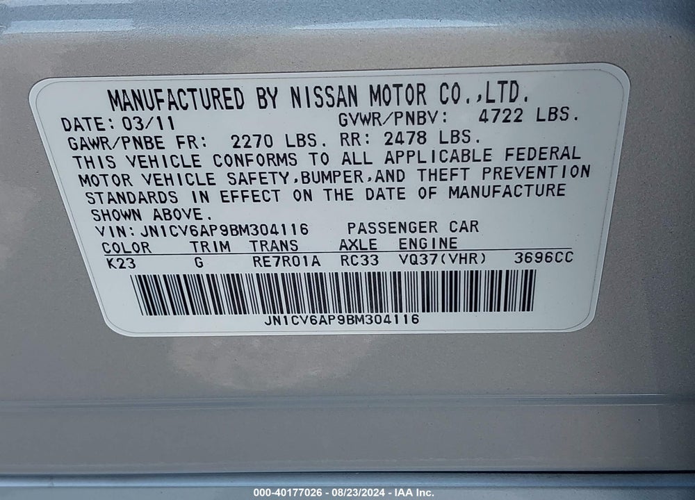 2011 INFINITI G37 VIN: JN1CV6AP9BM304116