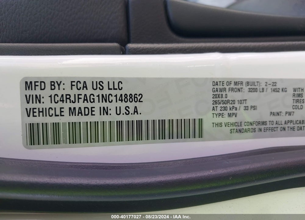 2022 JEEP GRAND CHEROKEE WK LAREDO X 4X4 VIN: 1C4RJFAG1NC148862