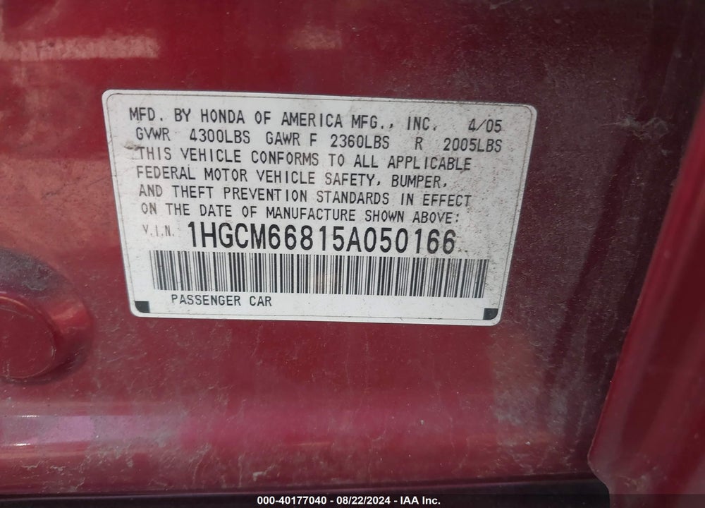 2005 HONDA ACCORD 3.0 EX VIN: 1HGCM66815A050166