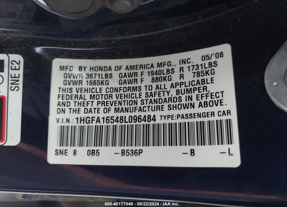 2008 HONDA CIVIC LX VIN: 1HGFA16548L096484