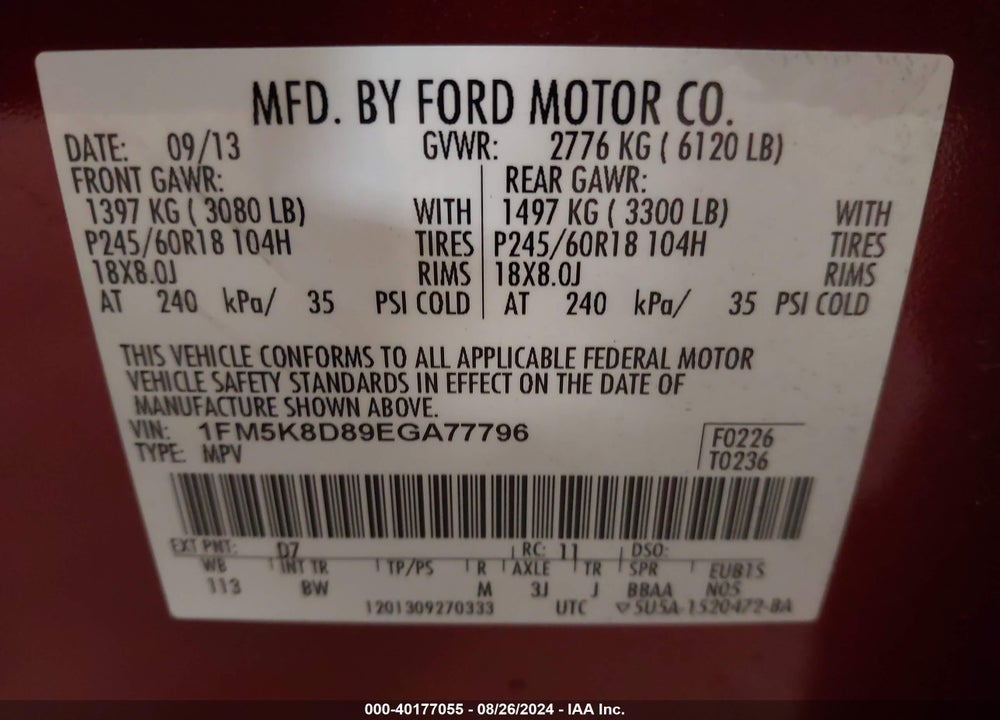 2014 FORD EXPLORER XLT VIN: 1FM5K8D89EGA77796