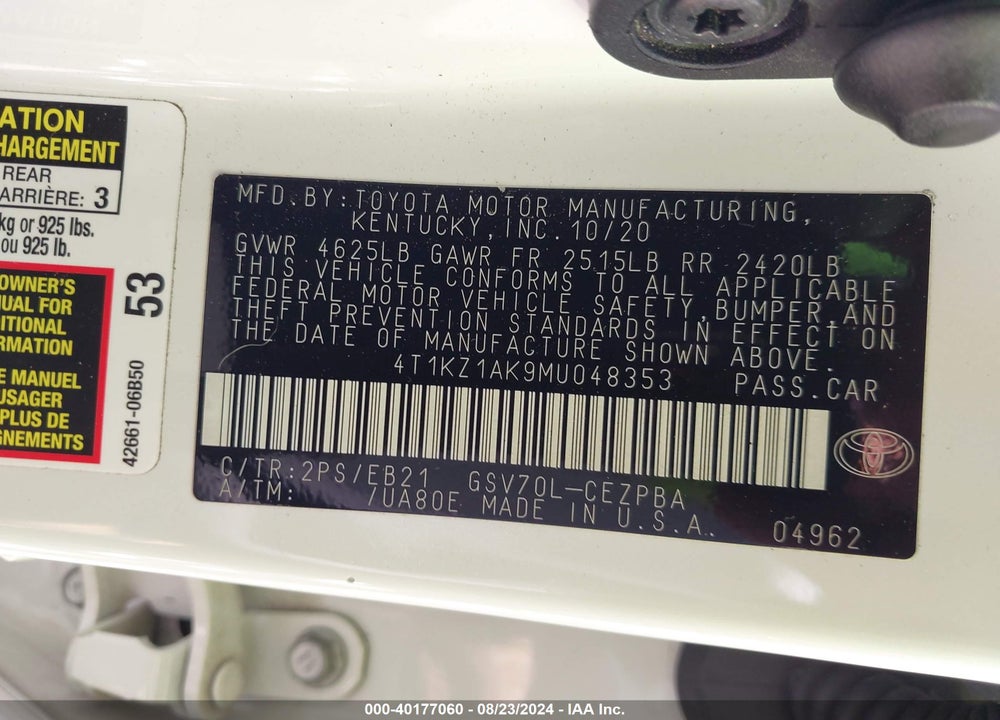 2021 TOYOTA CAMRY TRD VIN: 4T1KZ1AK9MU048353